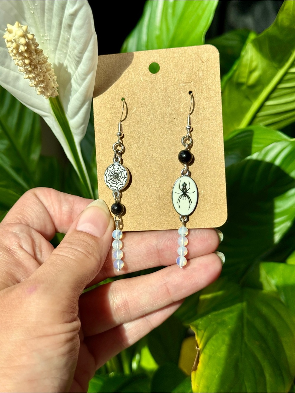 New Handmade | Obsidian + Opalite Spider & Web Earrings - Sterling Silver Hooks